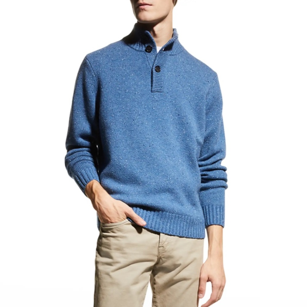 Neiman Marcus Men’s Cashmere Donegal 3-Button Sweater - Light Blue XL - NWT